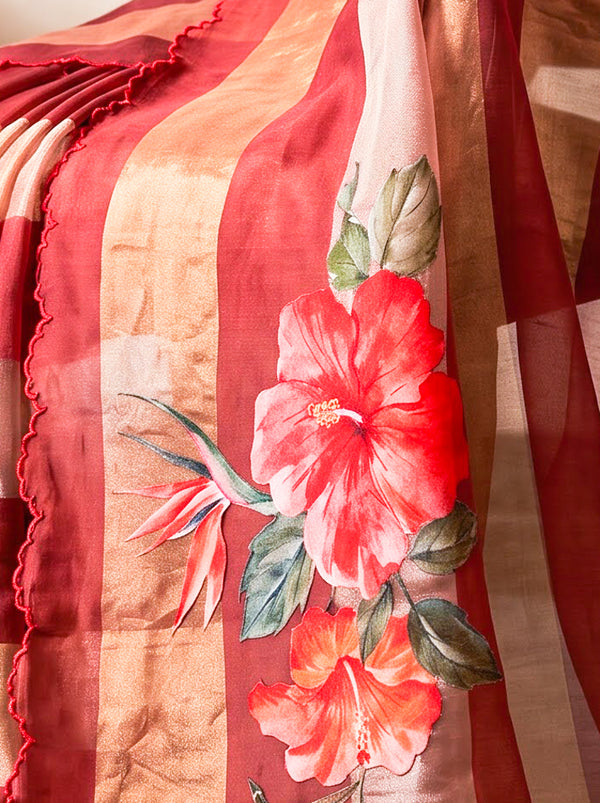 Banarasee Pure Organza Tissue Saree With Digital Printed Floral Design-Maroon