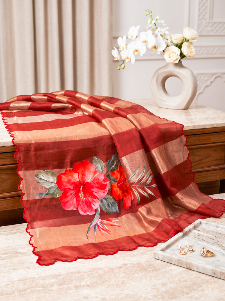 Banarasee Pure Organza Tissue Saree With Digital Printed Floral Design-Maroon