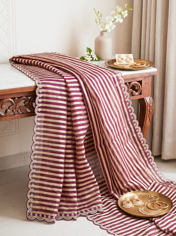 Banarasee Pure Tissue Silk Saree With Stripe Pattern & Scallop Border-Burgundy
