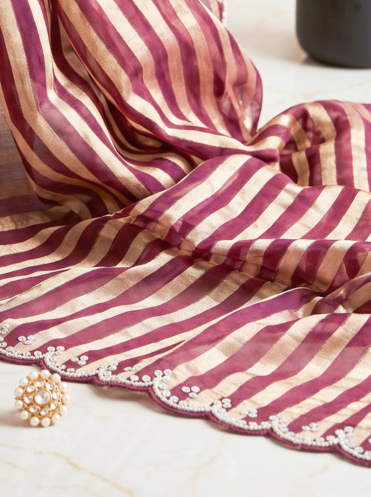 Banarasee Pure Tissue Silk Saree With Stripe Pattern & Scallop Border-Burgundy