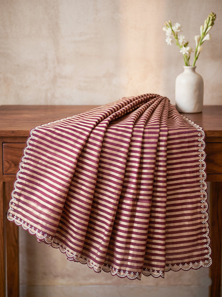 Banarasee Pure Tissue Silk Saree With Stripe Pattern & Scallop Border-Burgundy