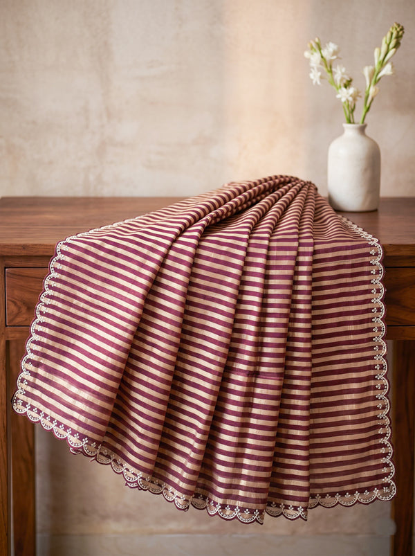 Banarasee Pure Tissue Silk Saree With Stripe Pattern & Scallop Border-Burgundy