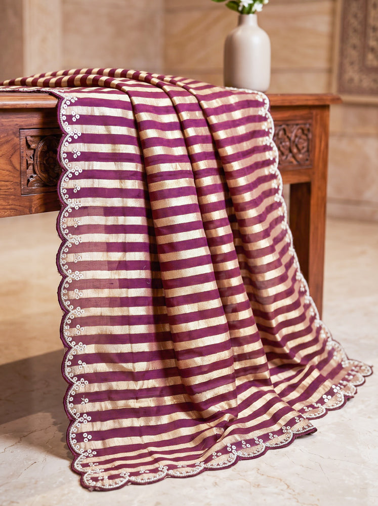 Banarasee Pure Tissue Silk Saree With Stripe Pattern & Scallop Border-Burgundy