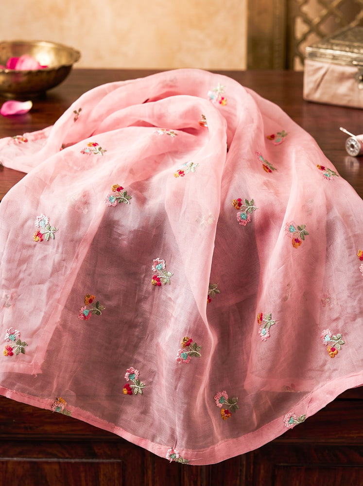 Banarasee Pure Tissue Silk Saree With Stripe Pattern & Resham Embroidered Border-Dusty Pink