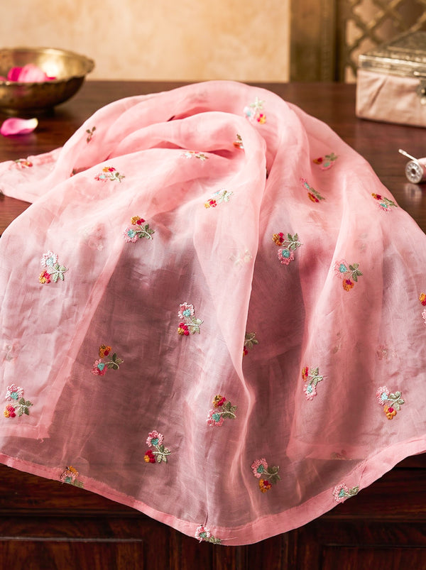 Banarasee Pure Tissue Silk Saree With Stripe Pattern & Resham Embroidered Border-Dusty Pink
