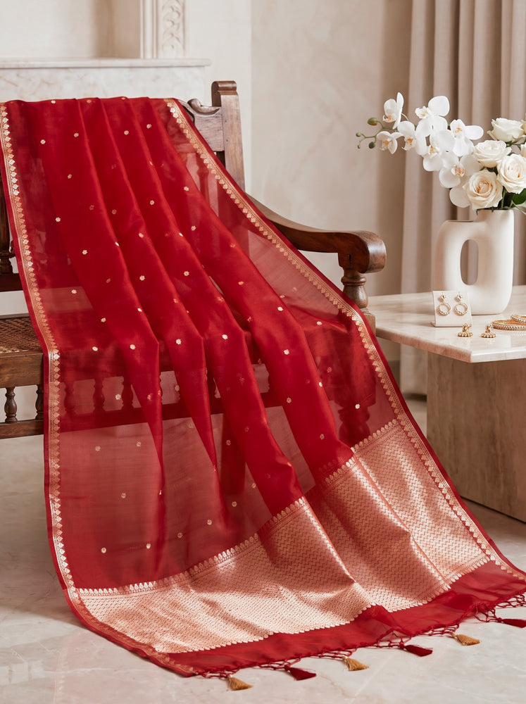 Banarasee Pure Organza Silk Saree With Zari Buti Design-Maroon