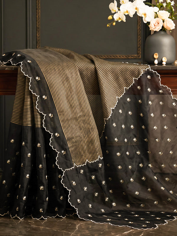 Banarasee Pure Organza Silk Saree With Buti Design & Scallop Border-Black