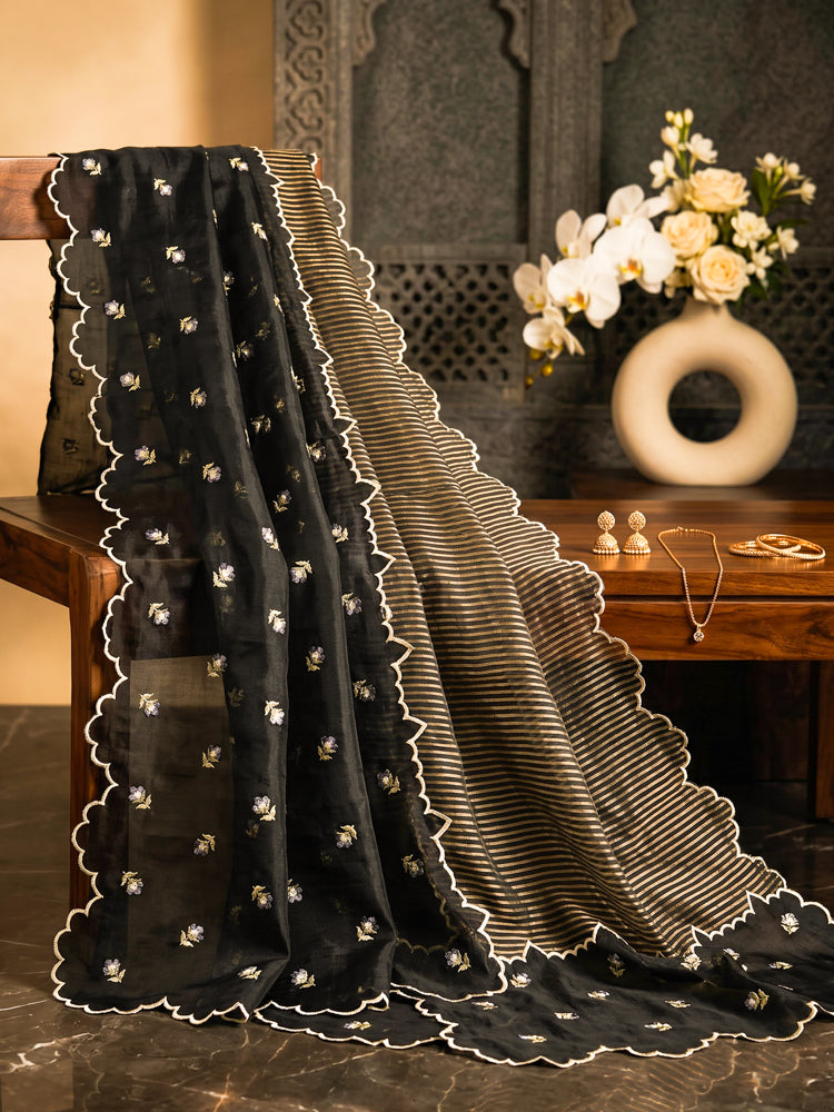 Banarasee Pure Organza Silk Saree With Buti Design & Scallop Border-Black