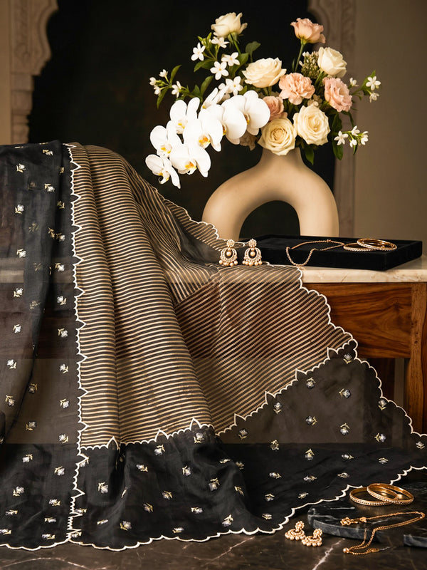 Banarasee Pure Organza Silk Saree With Buti Design & Scallop Border-Black