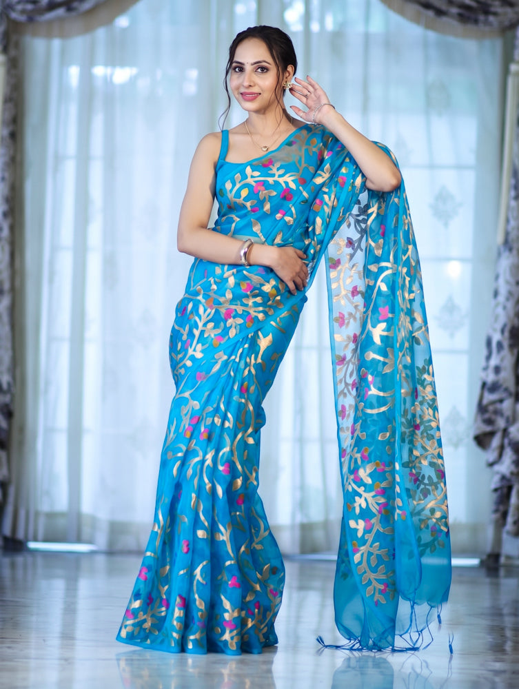 Banarasee Handloom Organza Mix Saree With Zari Woven Design-Sky Blue