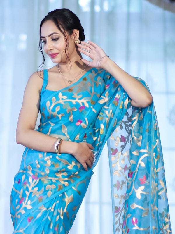 Banarasee Handloom Organza Mix Saree With Zari Woven Design-Sky Blue