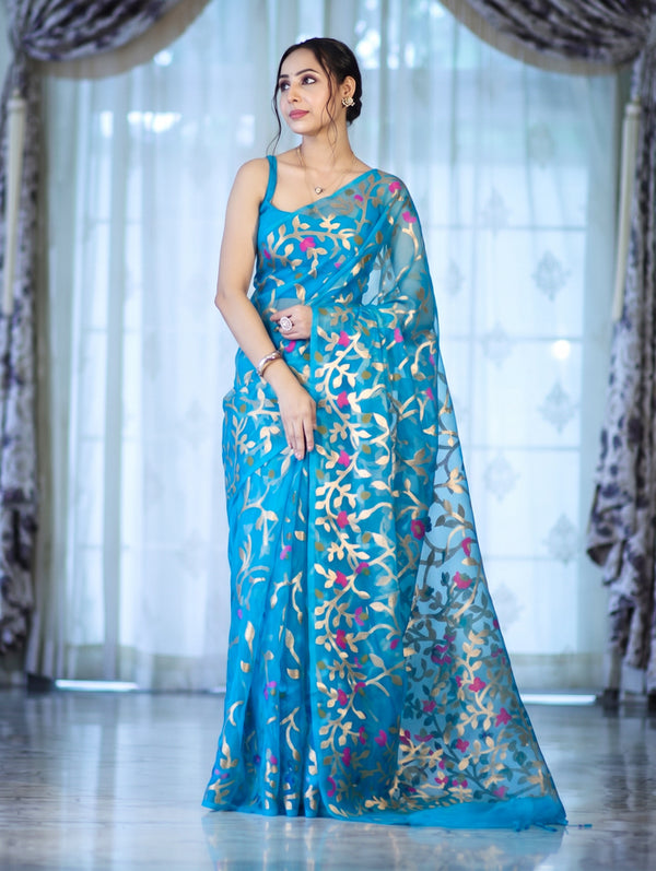 Banarasee Handloom Organza Mix Saree With Zari Woven Design-Sky Blue