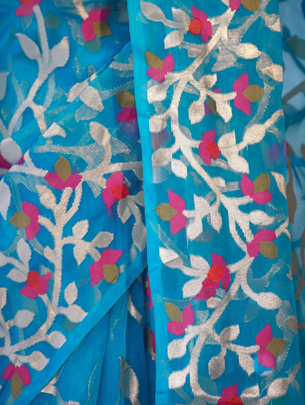 Banarasee Handloom Organza Mix Saree With Zari Woven Design-Sky Blue