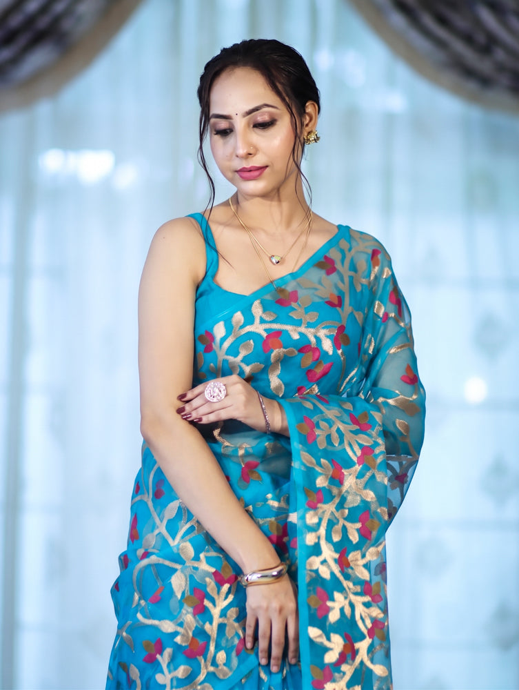 Banarasee Handloom Organza Mix Saree With Zari Woven Design-Sky Blue