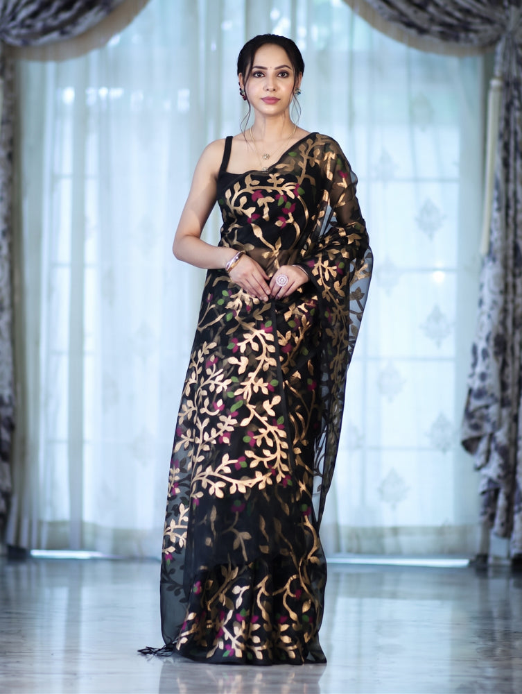 Banarasee Handloom Organza Mix Saree With Zari Woven Design-Black