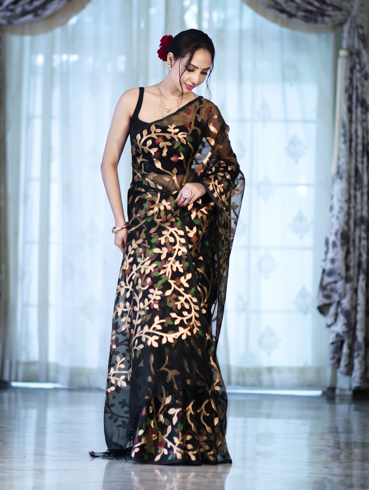 Banarasee Handloom Organza Mix Saree With Zari Woven Design-Black