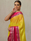 Banarasee Handwoven Semi Silk Plain Saree With Broad Zari & Contrast Border-Yellow & Pink