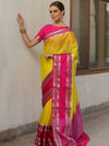 Banarasee Handwoven Semi Silk Plain Saree With Broad Zari & Contrast Border-Yellow & Pink