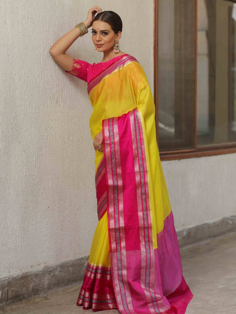 Banarasee Handwoven Semi Silk Plain Saree With Broad Zari & Contrast Border-Yellow & Pink