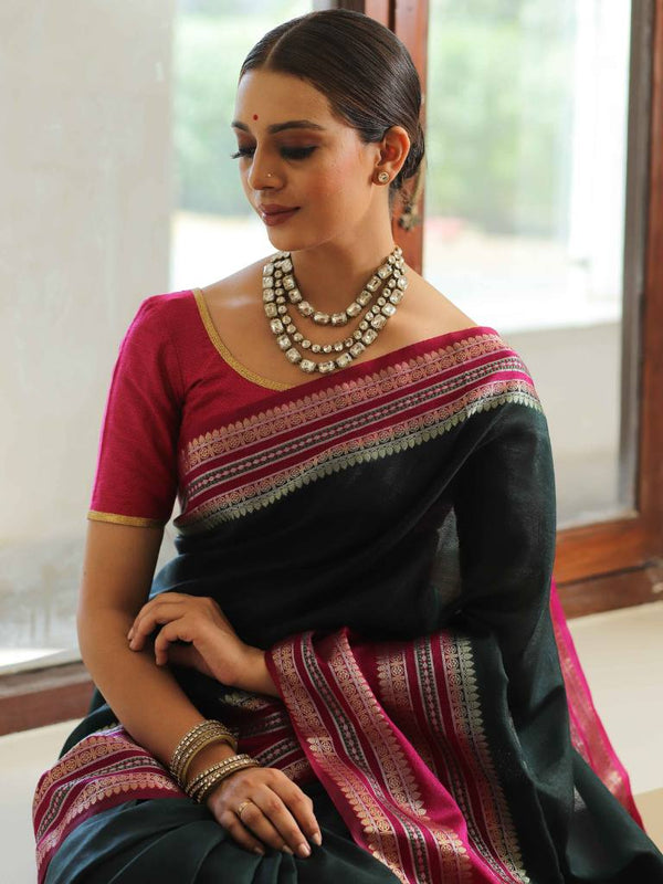 Banarasee Handwoven Semi Silk Plain Saree With Broad Zari & Contrast Border-Deep Green & Pink