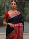 Banarasee Handwoven Semi Silk Plain Saree With Broad Zari & Contrast Border-Blue & Red