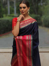 Banarasee Handwoven Semi Silk Plain Saree With Broad Zari & Contrast Border-Blue & Red