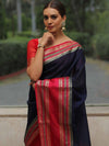 Banarasee Handwoven Semi Silk Plain Saree With Broad Zari & Contrast Border-Blue & Red