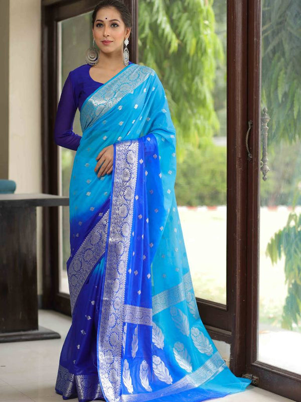 Banarasee Organza Saree With Silver Zari Design & Dual Color-Blue