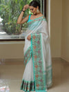 Banarasee Handwoven Semi Silk Saree With Zari Buta & Floral Border Design-White