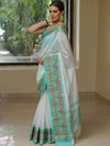Banarasee Handwoven Semi Silk Saree With Zari Buta & Floral Border Design-White