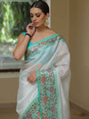Banarasee Handwoven Semi Silk Saree With Zari Buta & Floral Border Design-White