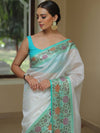 Banarasee Handwoven Semi Silk Saree With Zari Buta & Floral Border Design-White
