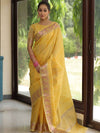 Banarasee Handloom Linen Tissue Meena & Zari Border Saree-Yellow