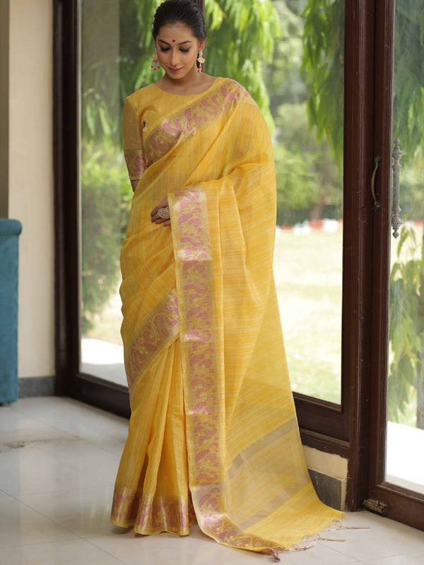 Banarasee Handloom Linen Tissue Meena & Zari Border Saree-Yellow
