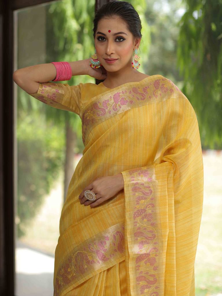 Banarasee Handloom Linen Tissue Meena & Zari Border Saree-Yellow