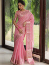Banarasee Handloom Linen Tissue Meena & Zari Border Saree-Pink