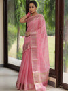 Banarasee Handloom Linen Tissue Meena & Zari Border Saree-Pink