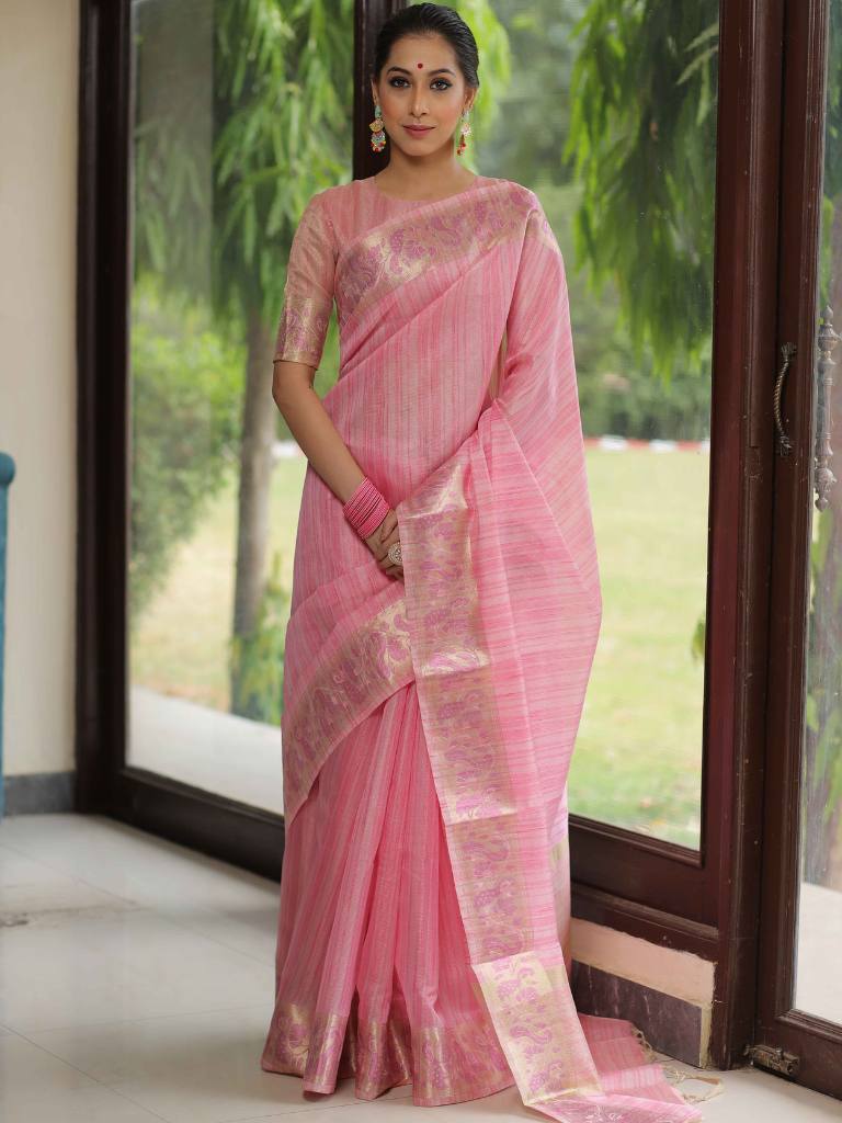 Banarasee Handloom Linen Tissue Meena & Zari Border Saree-Pink