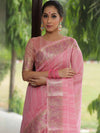 Banarasee Handloom Linen Tissue Meena & Zari Border Saree-Pink