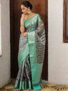 Banarasee Organza Mix Saree With Zari Work & Contrast Border-Grey & Green