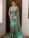 Banarasee Organza Mix Saree With Zari Work & Contrast Border-Grey & Green