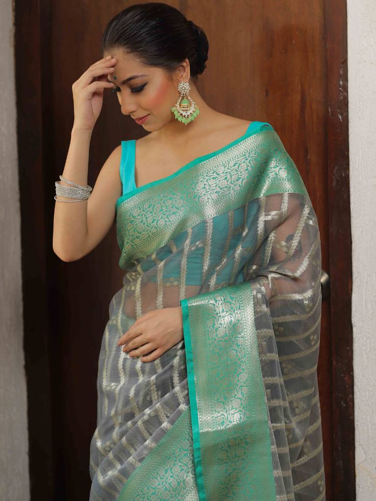 Banarasee Organza Mix Saree With Zari Work & Contrast Border-Grey & Green