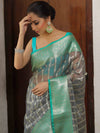 Banarasee Organza Mix Saree With Zari Work & Contrast Border-Grey & Green