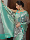 Banarasee Organza Mix Saree With Zari Work & Contrast Border-Grey & Green