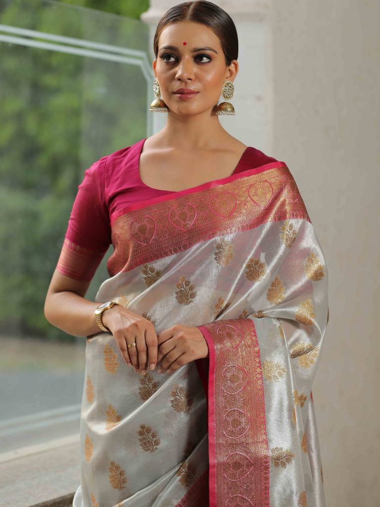 Banarasee Handwoven Tissue Saree With Zari Buti & Border-Silver & Pink