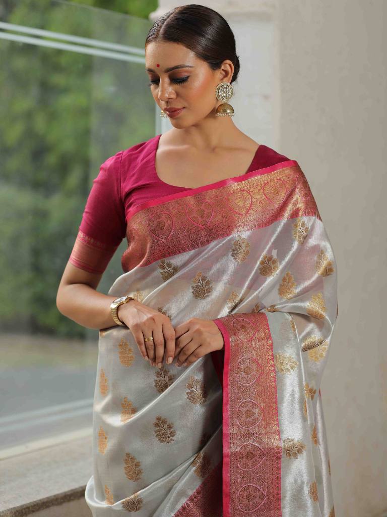Banarasee Handwoven Tissue Saree With Zari Buti & Border-Silver & Pink