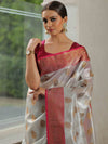 Banarasee Handwoven Tissue Saree With Zari Buti & Border-Silver & Pink