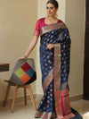 Banarasee Handwoven Semi-Katan Zari Paithani Border Saree-Blue