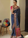 Banarasee Handwoven Semi-Katan Zari Paithani Border Saree-Blue