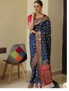 Banarasee Handwoven Semi-Katan Zari Paithani Border Saree-Blue
